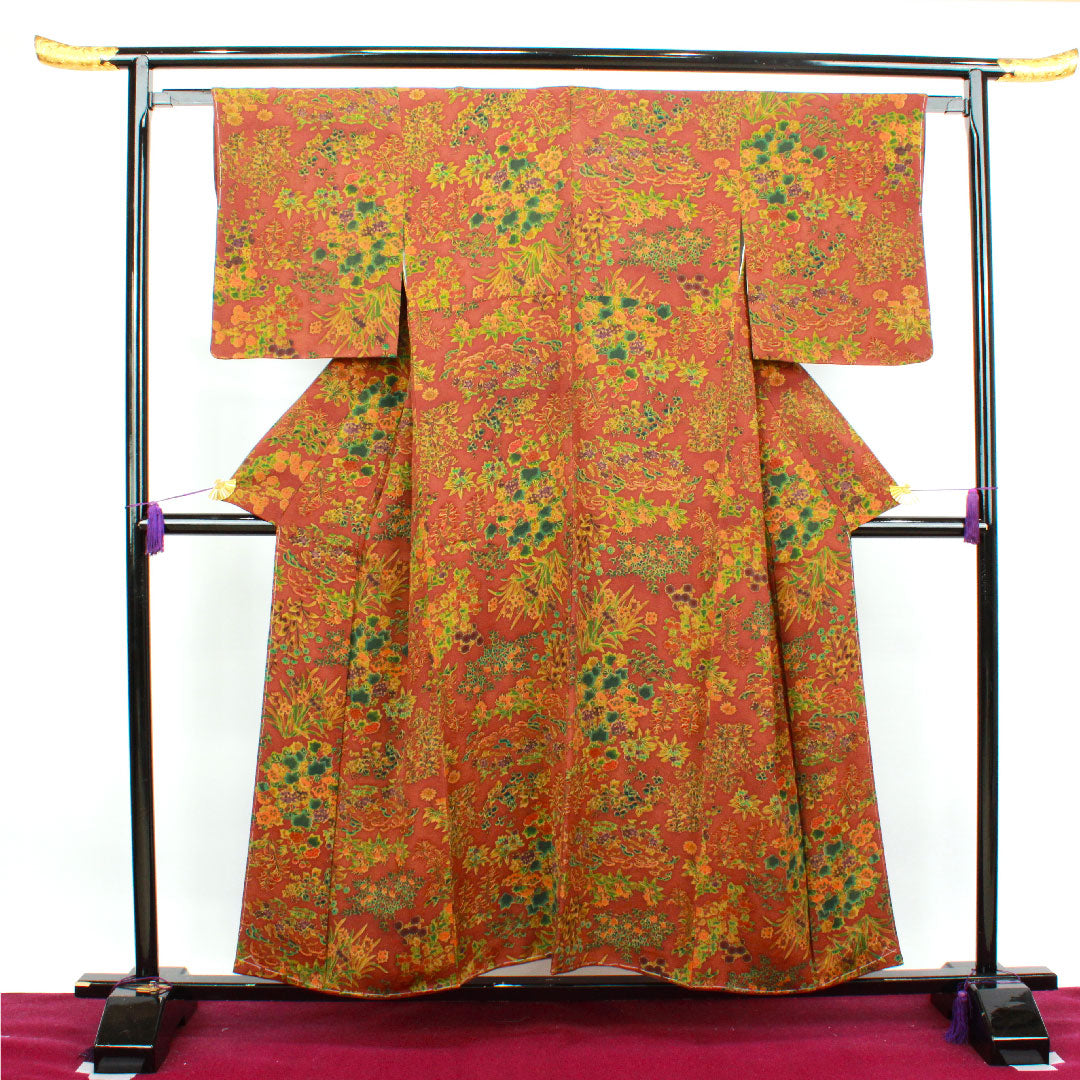 小紋 身丈154.5cm 裄丈61.5cm 袷  錆色 しつけ糸付き 草花模様  正絹 Aランク 茶系 1115003203214
