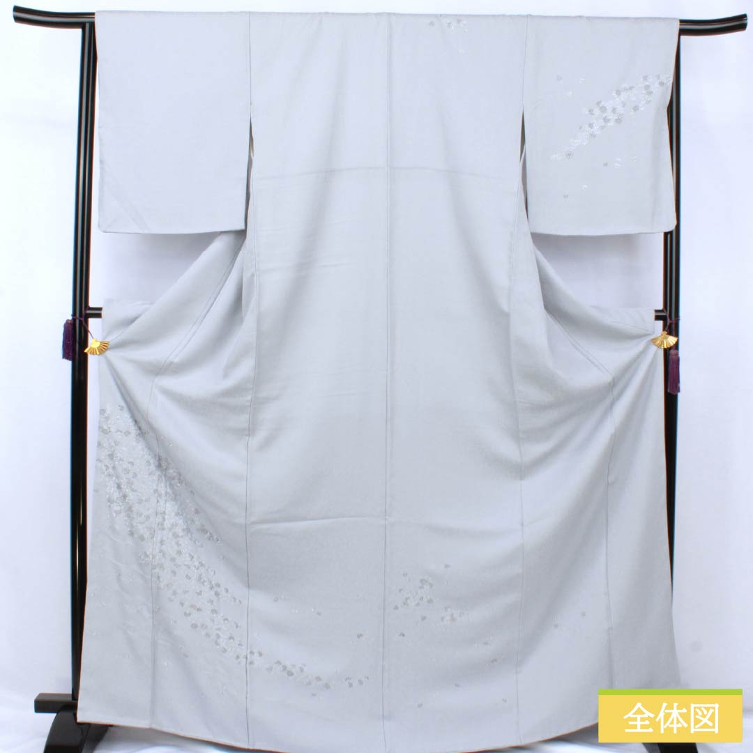 訪問着 正絹 Bランク 袷 身丈168cm 裄丈62cm 白銅色（はくどういろ） 蘇州刺繡 草花 流水 しつけ糸付き グレー系 1112007524522