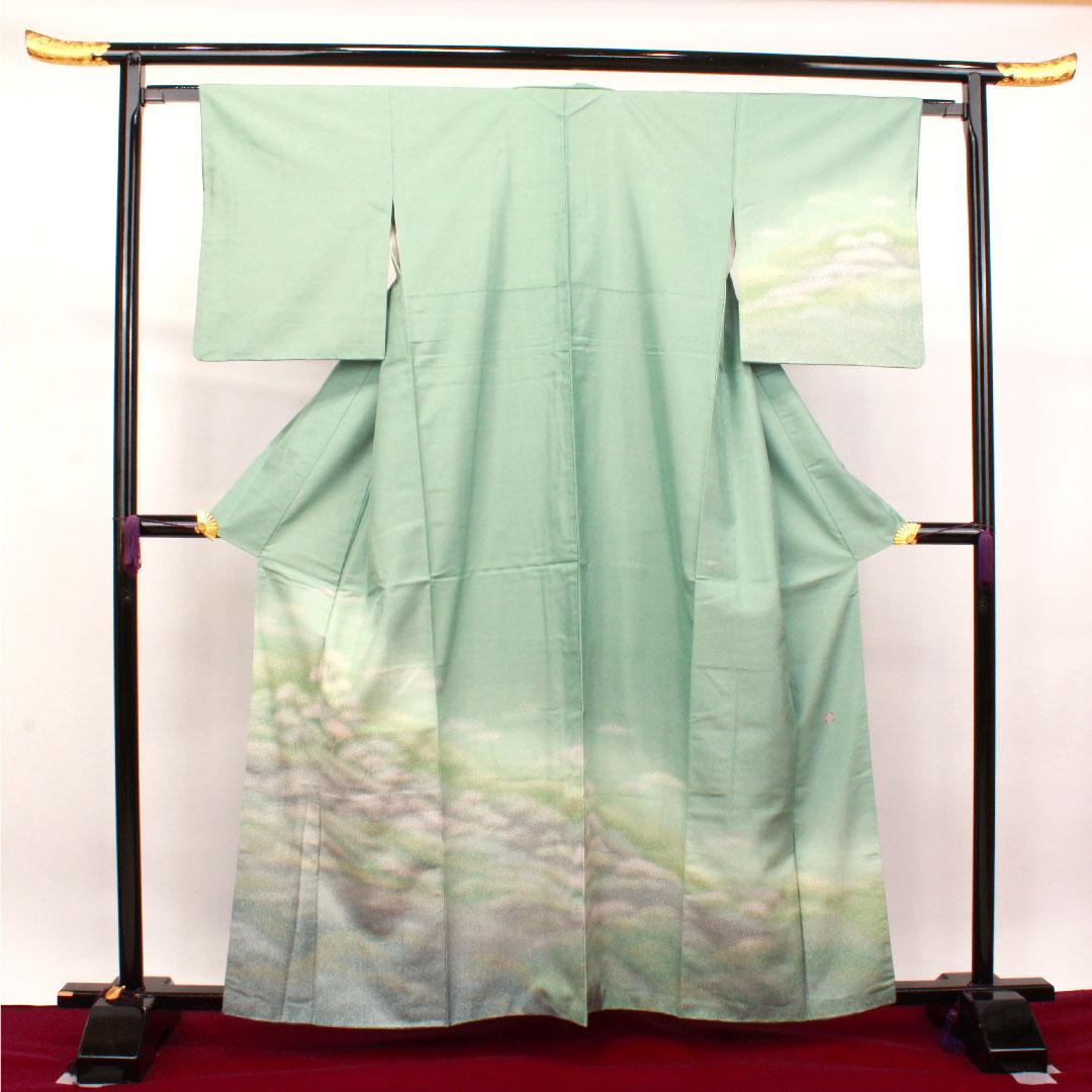 Homongi, pure silk, lined, length 161cm, sleeve length 62.5cm, bean blue, Ushiku Tsumugi, abstract pattern, A rank, green, 1112003263419