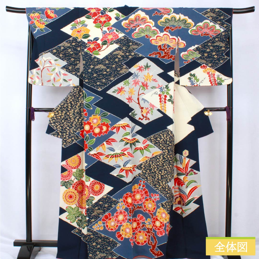 訪問着 正絹 Aランク 袷 身丈164.5cm 裄丈68cm 紺色（こんいろ） 京紅型 栗山吉三郎 栗山公房 紺系 1112006443418