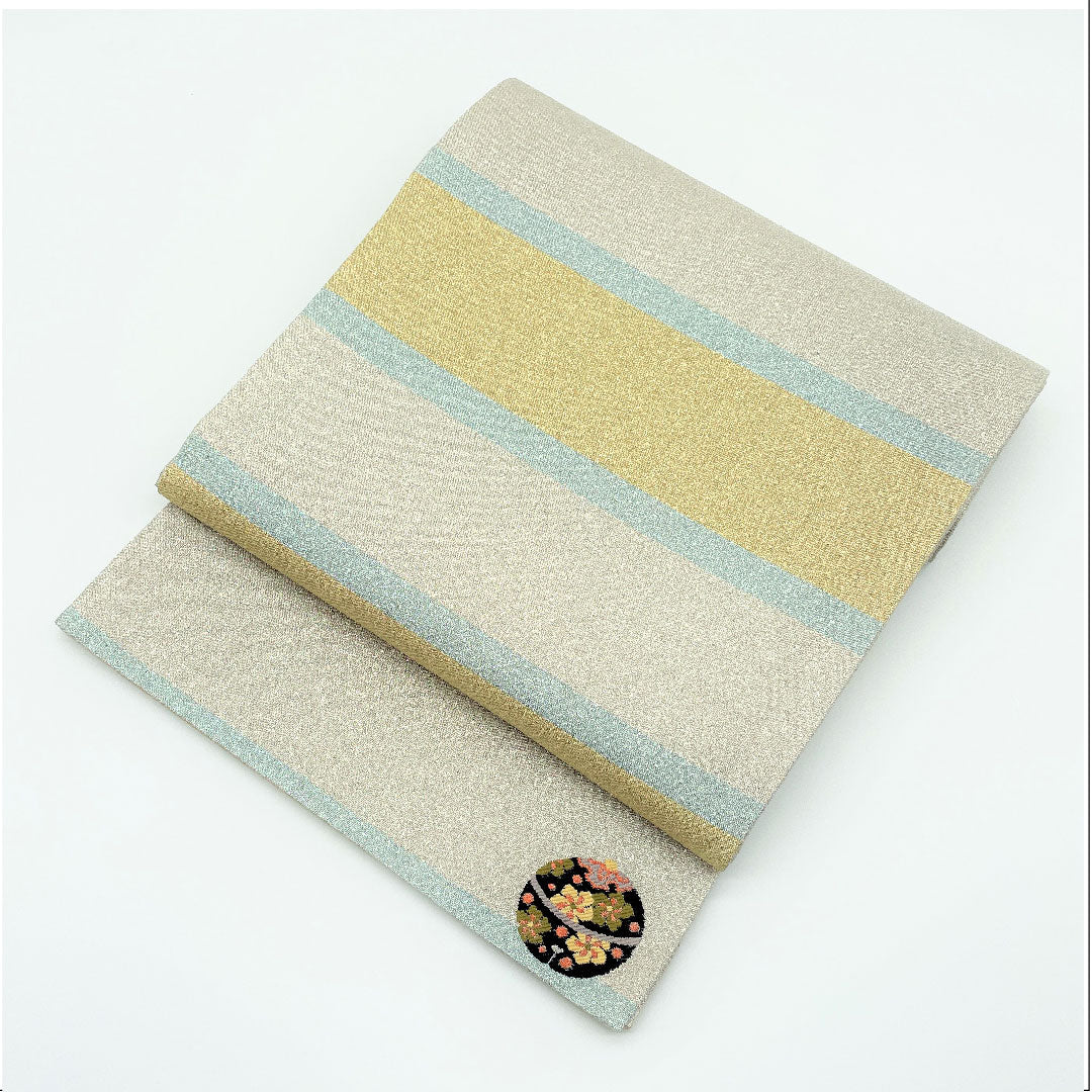 Fukuro Obi (Sash) Silver Color Horizontal Stripes Length 434cm Pure Silk S Rank Six-way Casual Silver 1123005142322