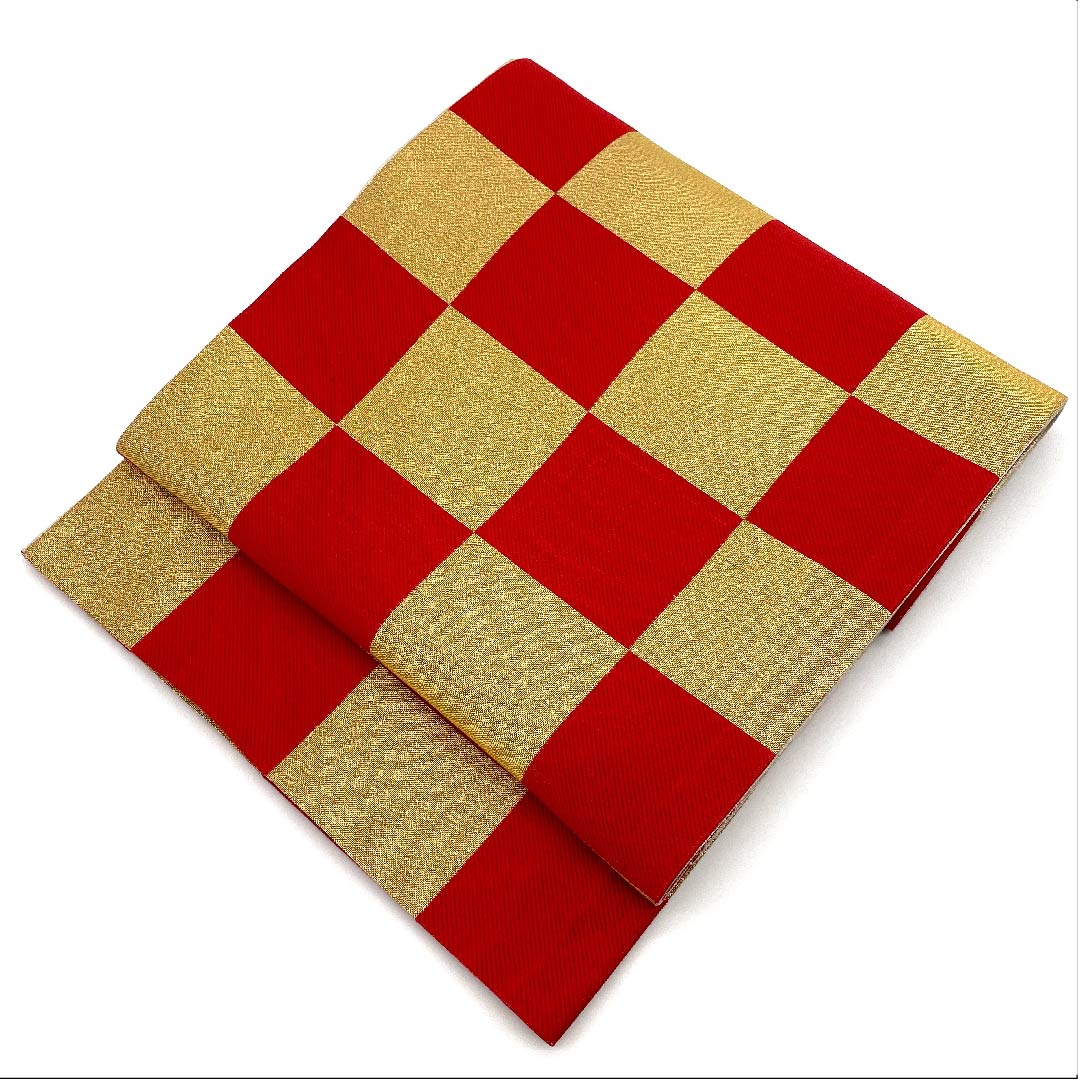 Gold-colored Fukuro Obi for Furisode, Checkered, Length 432cm, Pure Silk, A-Rank, Six-way, Formal, Gold-based, 1123006233321