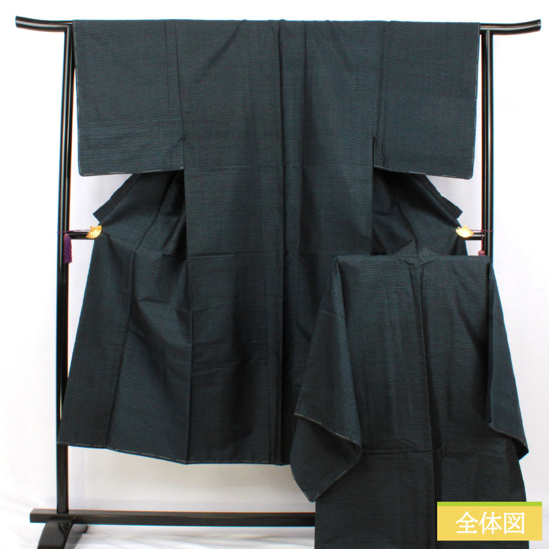 Men's silk S-rank kimono, length 141.5cm, sleeve length 64cm, Oshima Tsumugi with double-patterned horizontal kasuri pattern, basting threads included, lined, navy blue, product number 1119001732418
