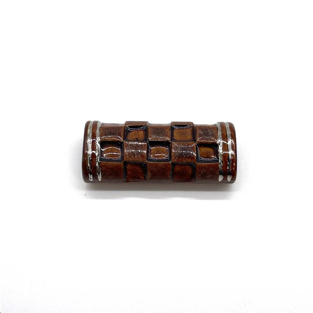 (New old stock) Obi fastener, ceramic, casual, brown, Kyoto ware, checkered pattern, length approx. 2cm, width approx. 5cm, S rank, brown, 1137000622914