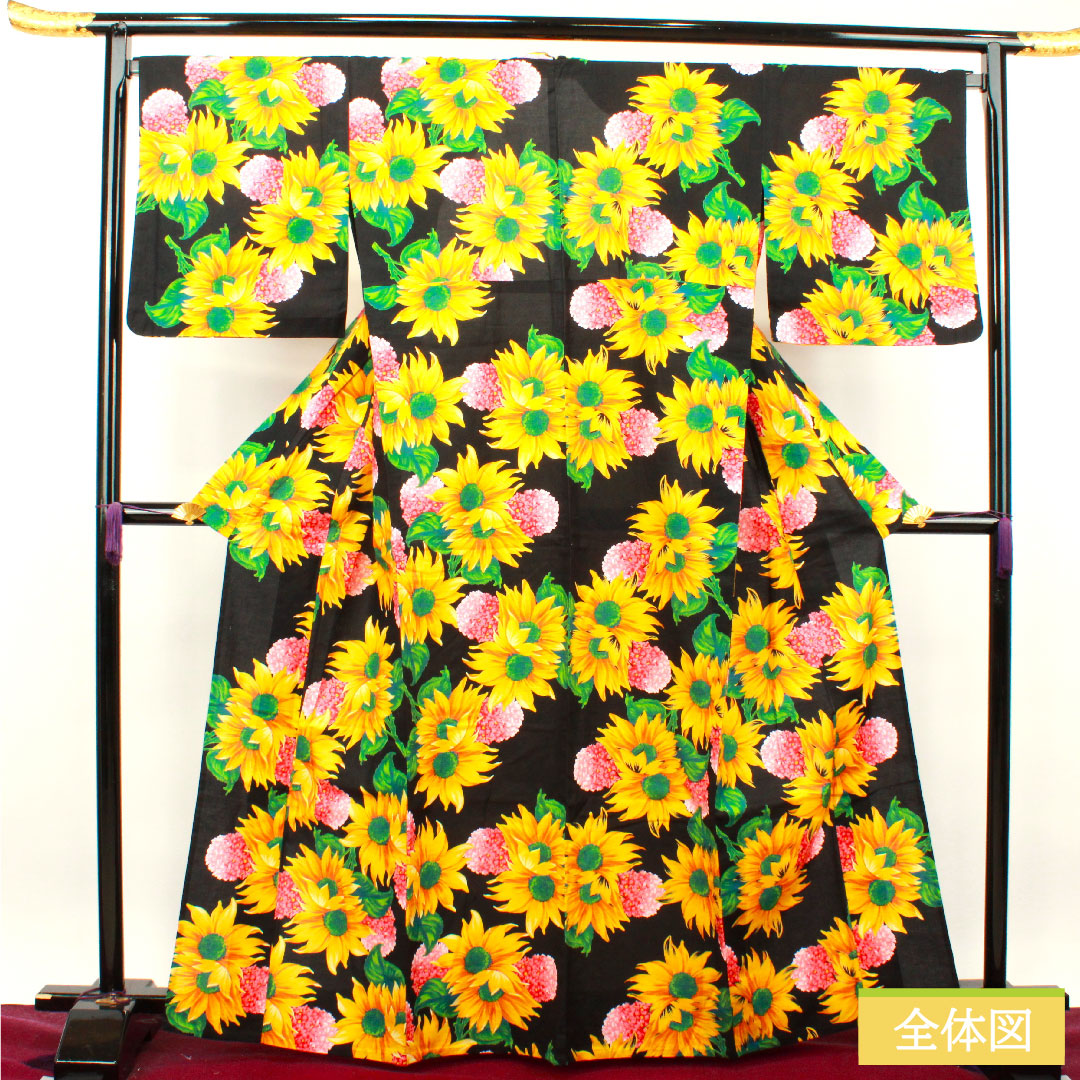 Yukata Cotton Length 165cm Sleeve length 69cm S rank Single layer Black Sunflower Hydrangea KENZO 1118004732510