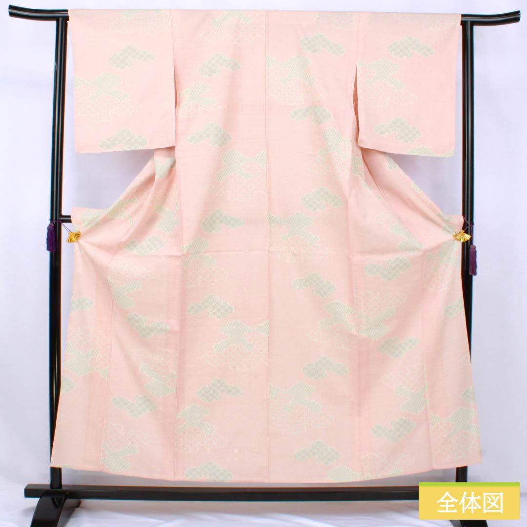 Pure silk tsumugi (pongee) kimono, Grade A, length 157.5cm, sleeve length 63cm, Shinonomeiro (cloud pattern), single layer, pink, product code: 1116004453313