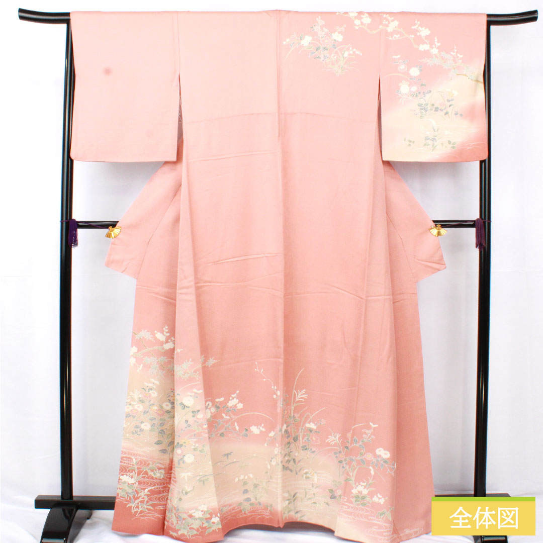 Homongi, pure silk, lined, length 162cm, sleeve length 64cm, Shinonome-iro, Kyoto Yuzen, floral pattern, with basting thread, S rank, pink, 1112005692413