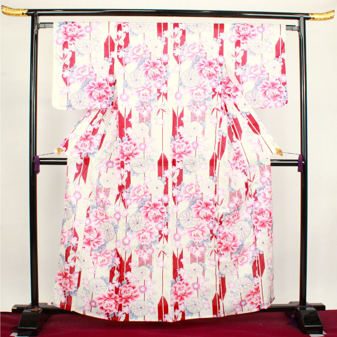 Yukata, floral pattern, cotton, S rank, single layer, length 161.5cm, sleeve length 65.5cm, white, 1118001472411