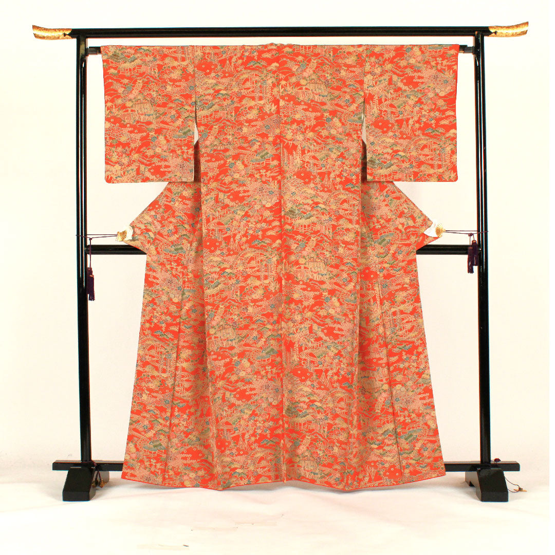 小紋 身丈163.5cm 裄丈67cm 袷  茶屋辻模様  正絹 Sランク 朱系 1115001642416