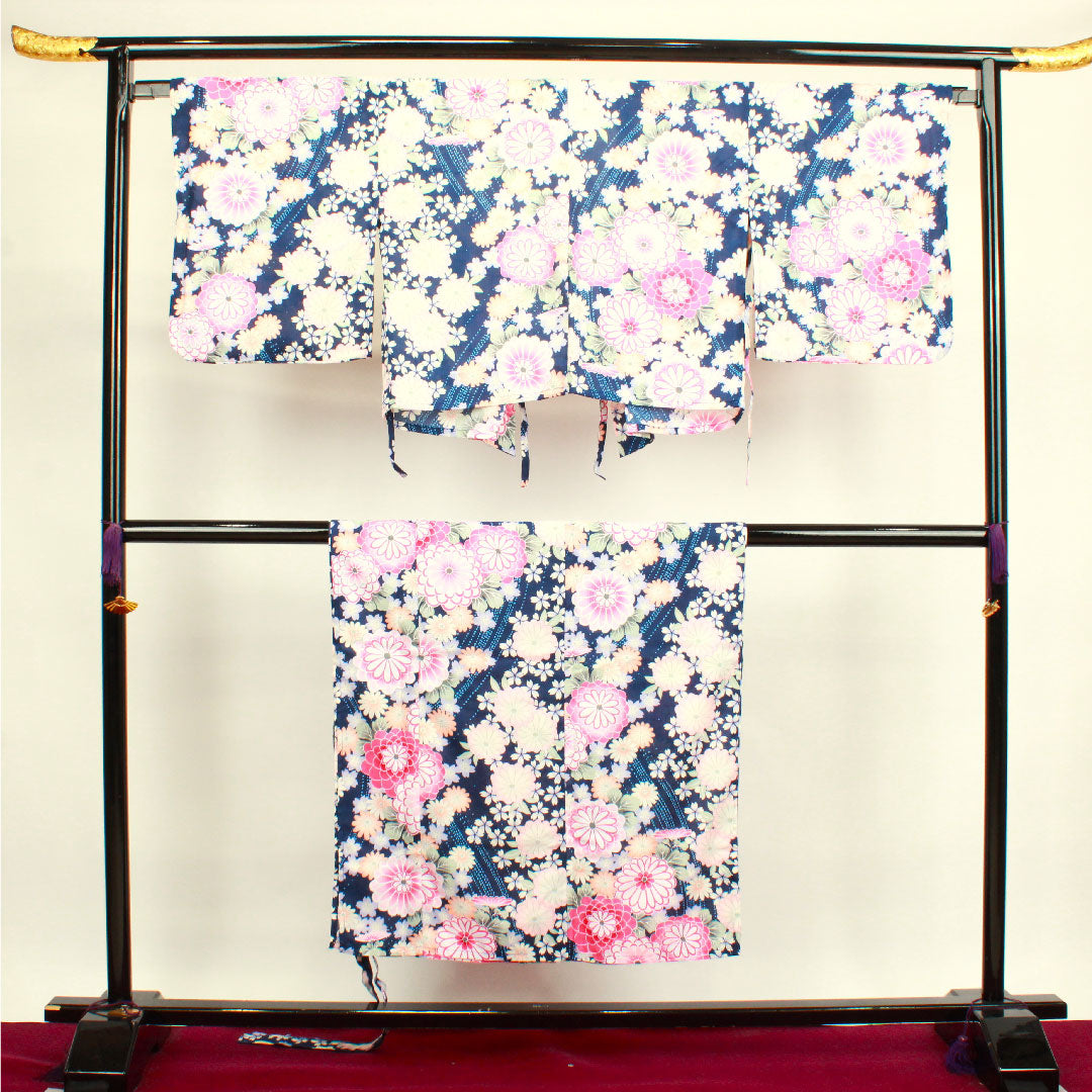 Yukata Dark navy blue Two-piece Floral pattern Polyester S rank Unlined Navy 1118001552118