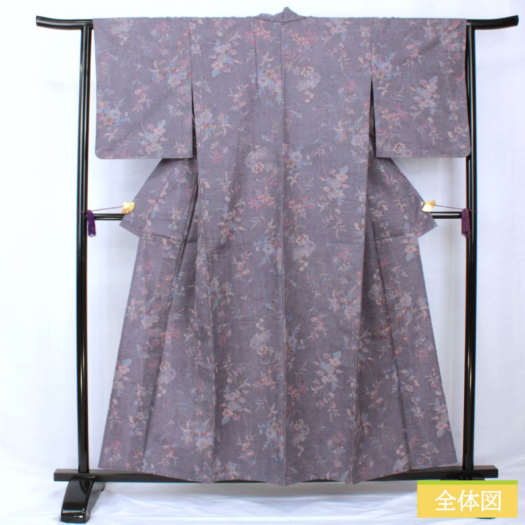 小紋 正絹 身丈157cm 裄丈63cm 単衣 相思鼠色（そうしねずいろ） 型染 紬地 草花模様 Sランク 紫系 1115005762320