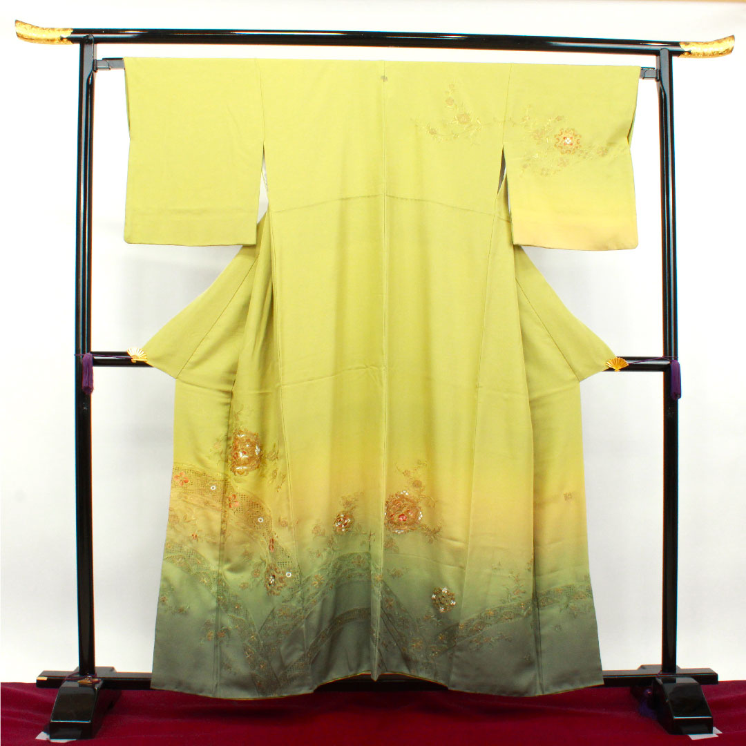 訪問着 正絹 袷 身丈156.5cm 裄丈65cm 浅青朽葉色 蘇州刺繡 汕頭刺繡 草花模様 作家物 五三桐 Sランク 緑系 1112003122319