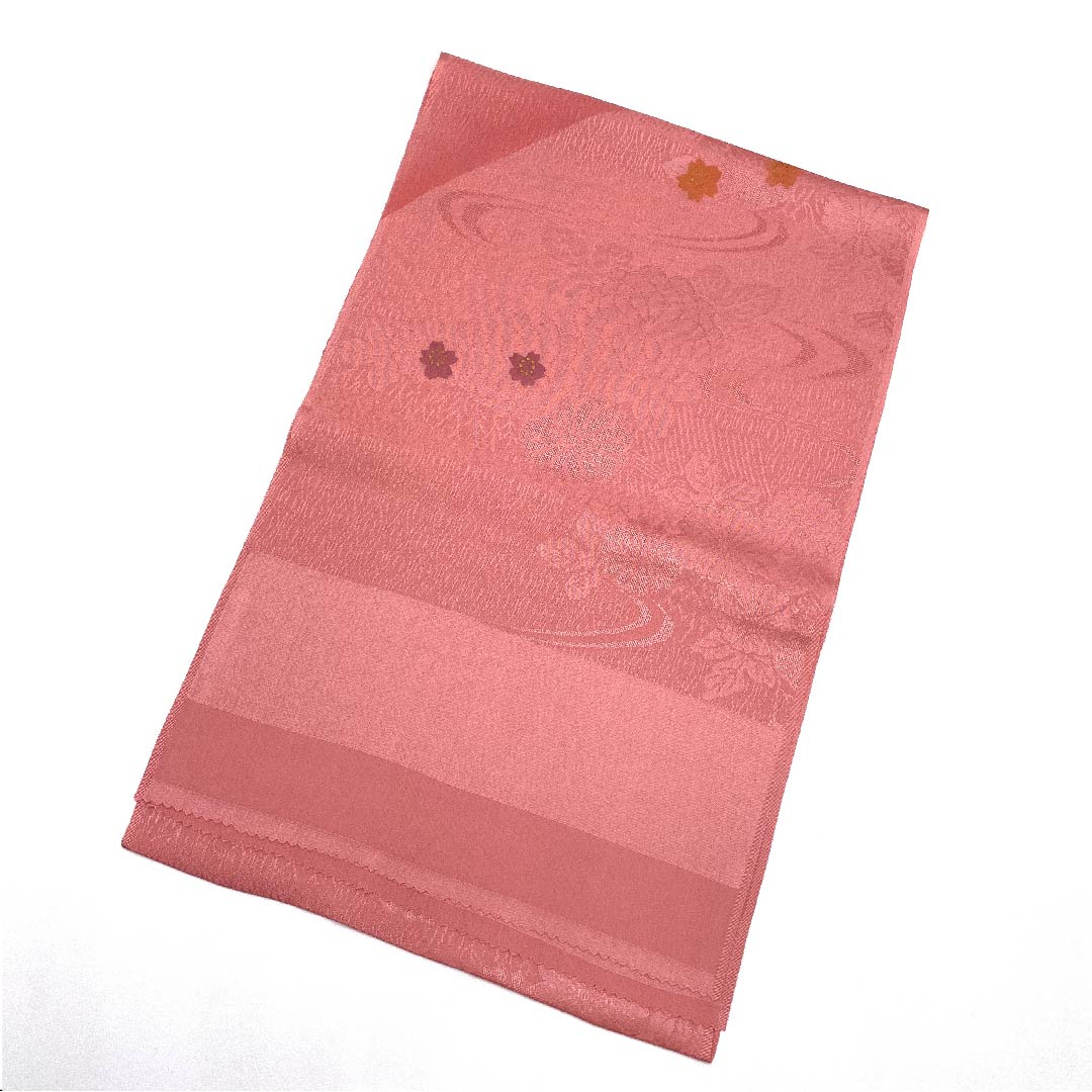 (New old stock) Formal obiage, pure silk, light crimson, cherry blossom, chrysanthemum, running water, length 174cm, width 30cm, S rank, pink, 1136000232913