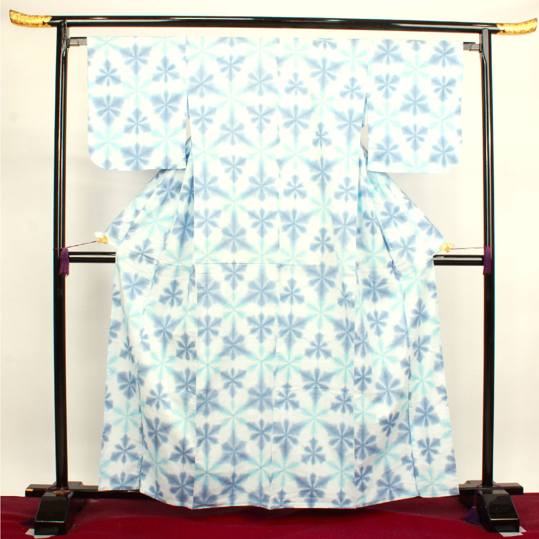 (New, unused item) Yukata, Yukihana Shibori, with basting thread, unused item, abstract pattern, board-tied shibori, cotton, new rank, single layer, length 162cm, sleeve length 65cm, blue, 1118003921417