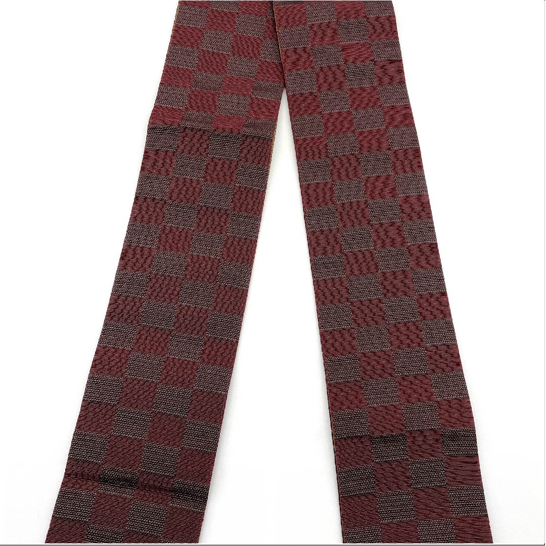 Kaku-obi (sash) made of polyester, dark red (monkfish), checkered pattern, unused, length 402cm, width 10cm, new rank, purple, 1134000081920