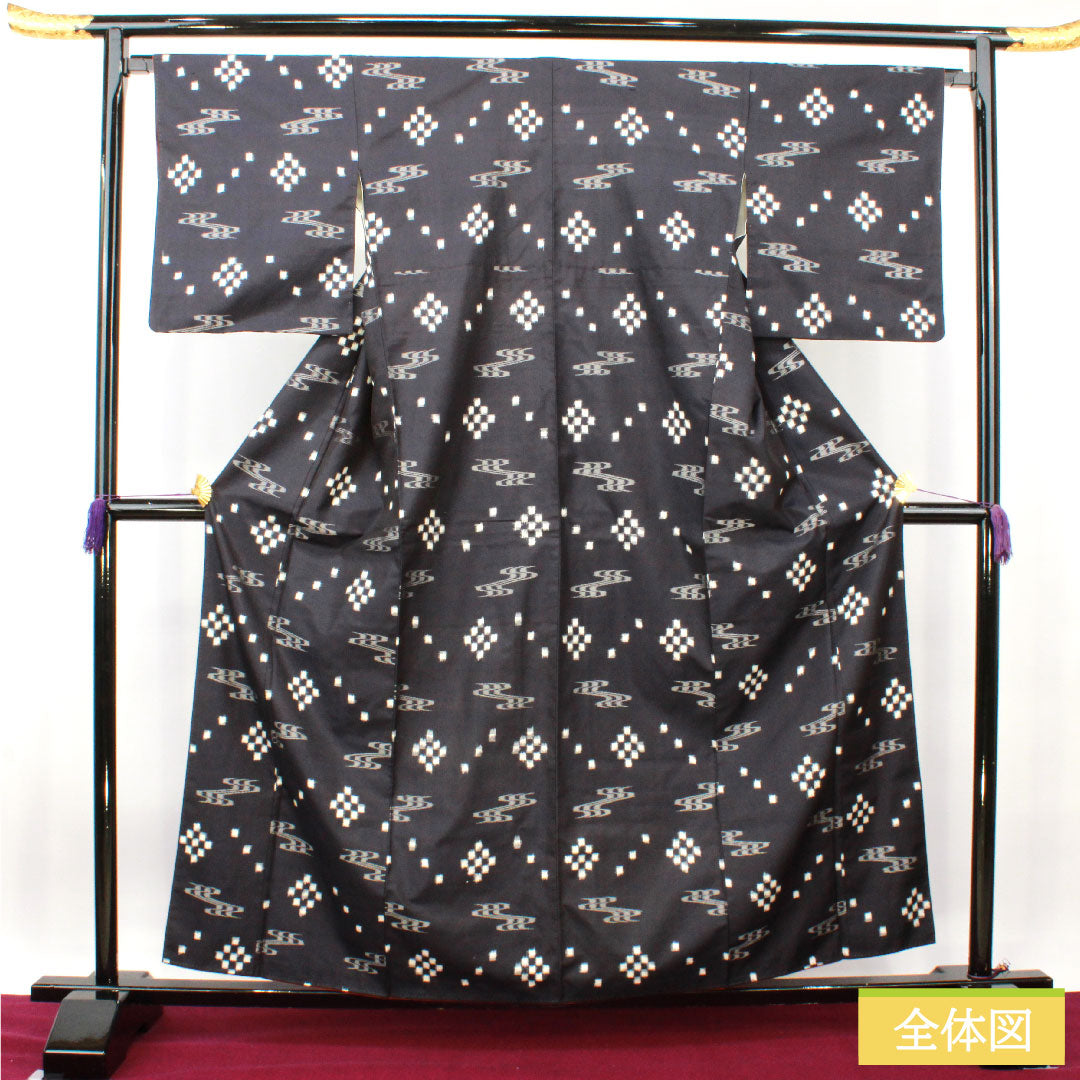 Tsumugi silk Length 161cm Sleeve length 66.5cm Blue-brown Ryukyu Kasuri S rank Awase Navy 1116003392418