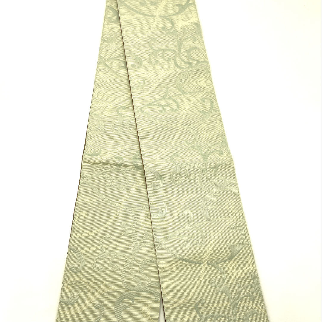 (New) Half-width obi, polyester, NEW rank, white-green (byakuryoku-iro) and rust Rikyu-iro, vine pattern, floral pattern, reversible, obi length 400cm, blue tones 1125002601417