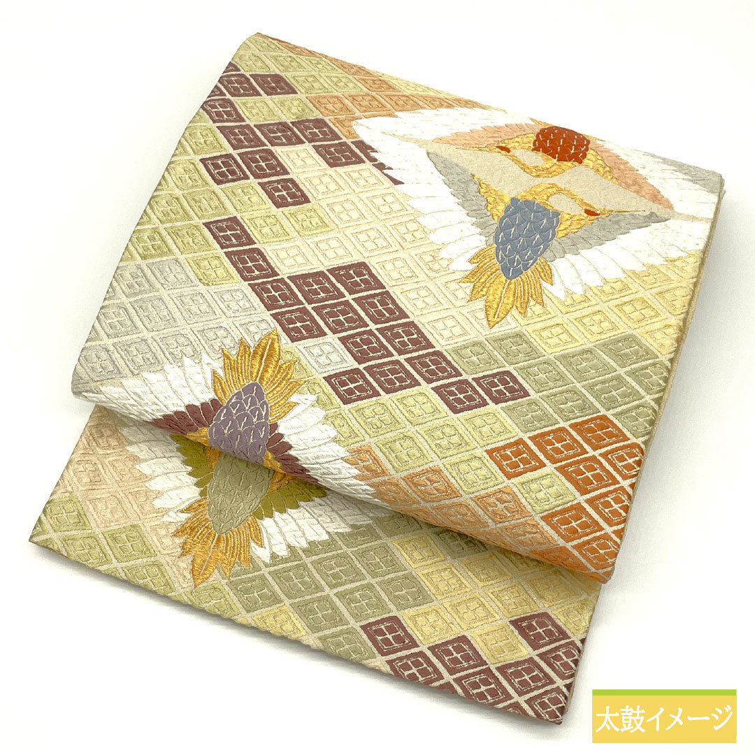 A-Rank Pure Silk Fukuro Obi (Sash) in Sobakiri (Soba-kiri Color) with Nishijin-ori (Karaori) Weave, Facing Cranes and Tortoise Shell Pattern, Length 434cm, Six-Pass, Formal, Beige, Product Number: 1123016063325