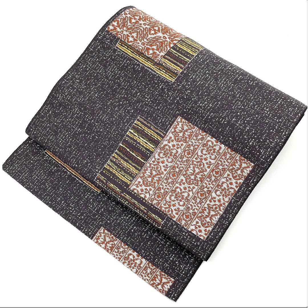 Nagoya Obi, Fujisuto Bamboo Color, Abstract Square Pattern, Length 367cm, Polyester, S Rank, Six-Ply, Casual, Gray, 1124003782322, Nagoya Obi Style