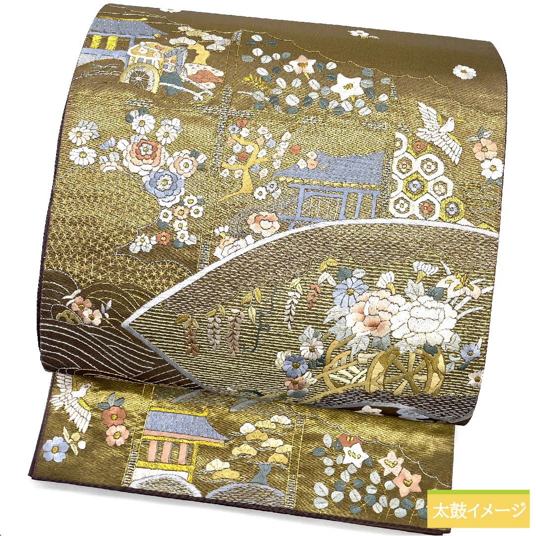 袋帯 正絹 金色 蘇州刺繍 古典柄 花柄 帯丈455cm Sランク 六通 フォーマル 金系 1123010932421
