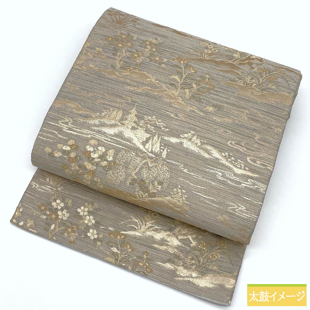 Nagoya Obi, Pure Silk, S-Rank, Landscape and Floral Pattern, Length 367cm, Six-Ply, Semi-Formal, Gray, 1124009562322, Nagoya Style
