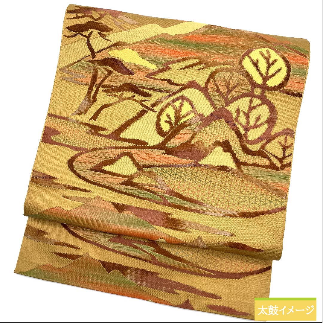 Nagoya obi, earthen cloth color, Toyama, abstract pine, tortoise shell, obi length 354cm, pure silk, S rank, six-pass, casual, yellow, 1124006012323, Nagoya style