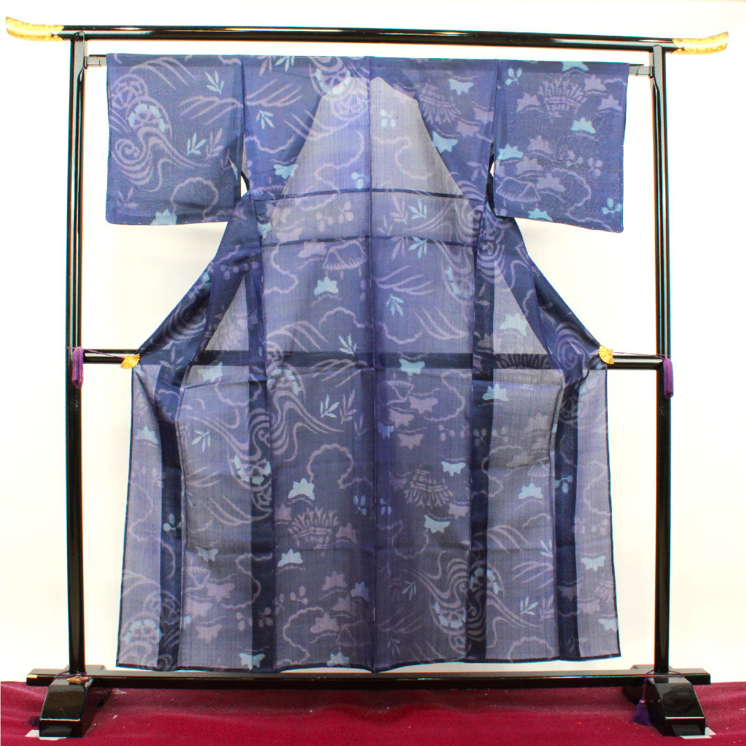 夏物 正絹 紬 身丈158cm 裄丈66cm 緋紺色（ひこんいろ） 抽象模様 しつけ糸付き 紗 Aランク 紫系 1132000913320