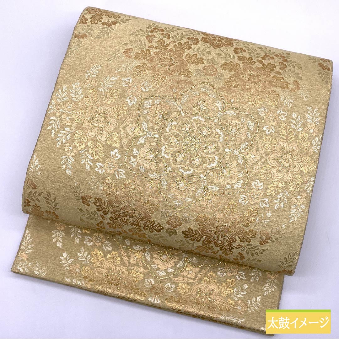 Fukuro Obi, pure silk, for Tomesode, Hosohana, floral pattern, obi length 436cm, S rank, six-pass, formal, gold, 1123013742321
