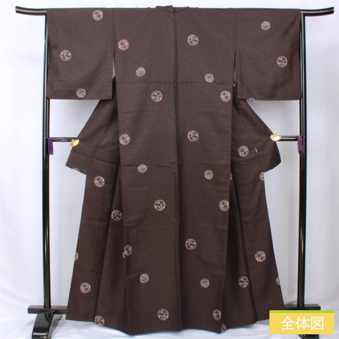 Komon (small pattern) kimono, polyester, length 164.5cm, sleeve length 65.5cm, single-layer, purple-black (shiushoku) pattern with snow rings and flower petals, washable, S rank, purple, product number 1115006062420