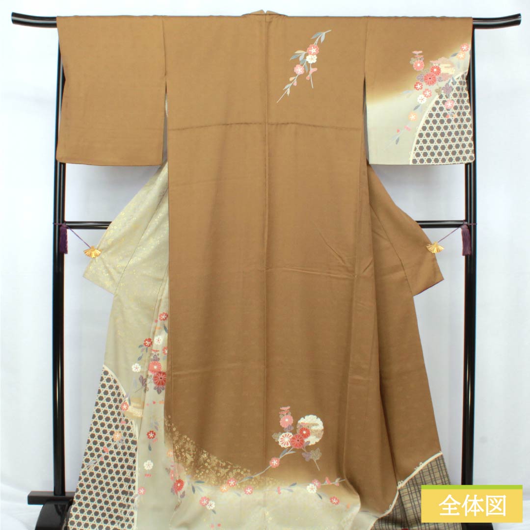 訪問着 正絹 Sランク 袷 身丈169cm 裄丈68cm 糞色（ばばいろ） 京友禅 竹垣 花 橙系 1112006492526