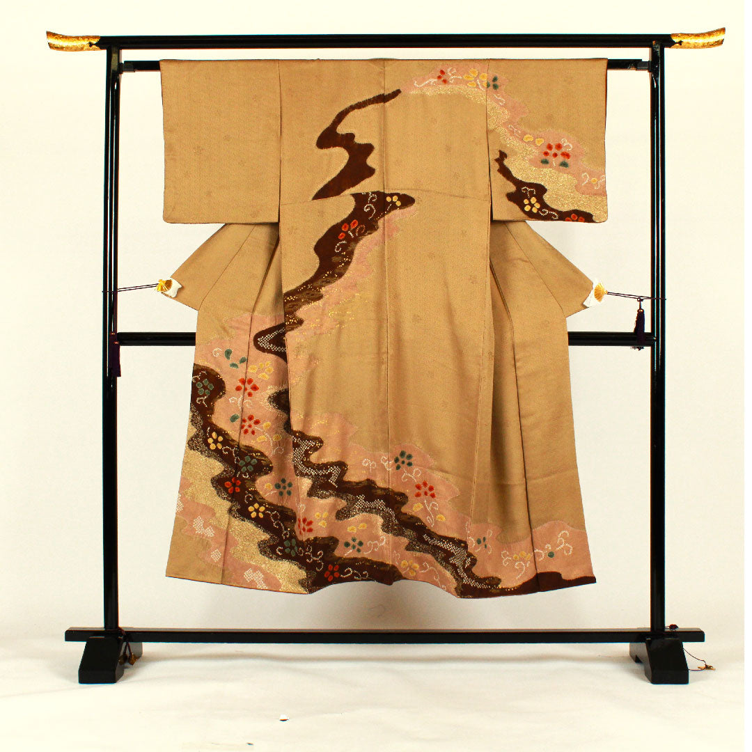 Homongi, lined, length 145.5cm, sleeve length 60cm, Sayagata, flowing water, tie-dye, pure silk, S rank, brown, 1112000302114