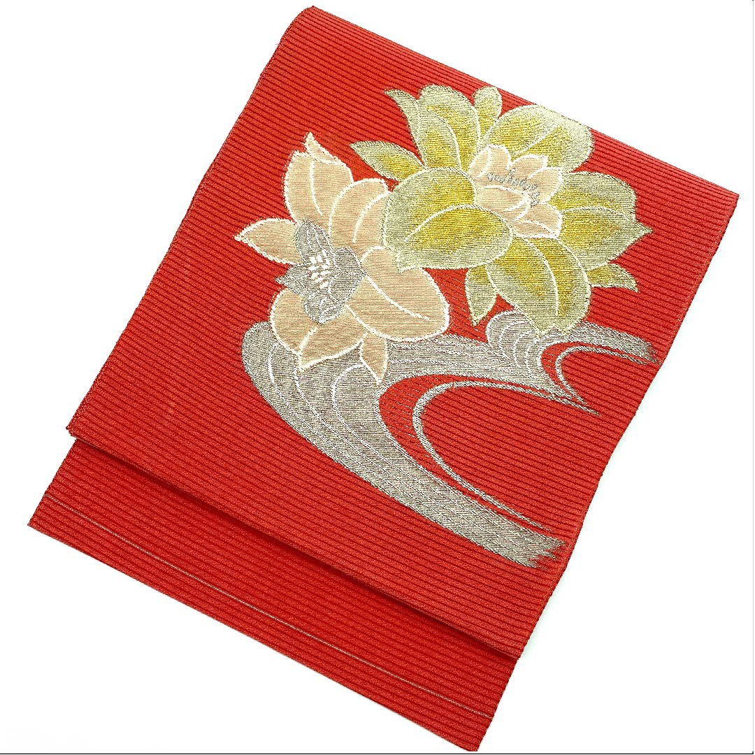 Nagoya obi, scarlet, summer obi, silk, flowing water, peony, obi length 344cm, pure silk, S rank, point pattern, semi-formal, vermilion, 1124004442316, pine needle style