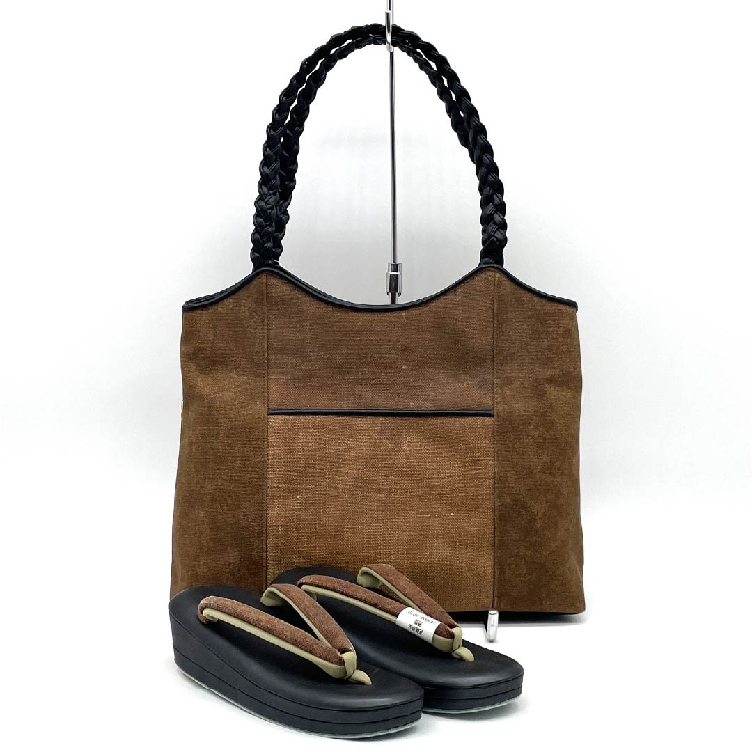 (Like New) Casual Zori and Bag Set with Sake Bag, Low-Rebound Zori with La Sole, Size M, Brown, Item Number: 1133000341314
