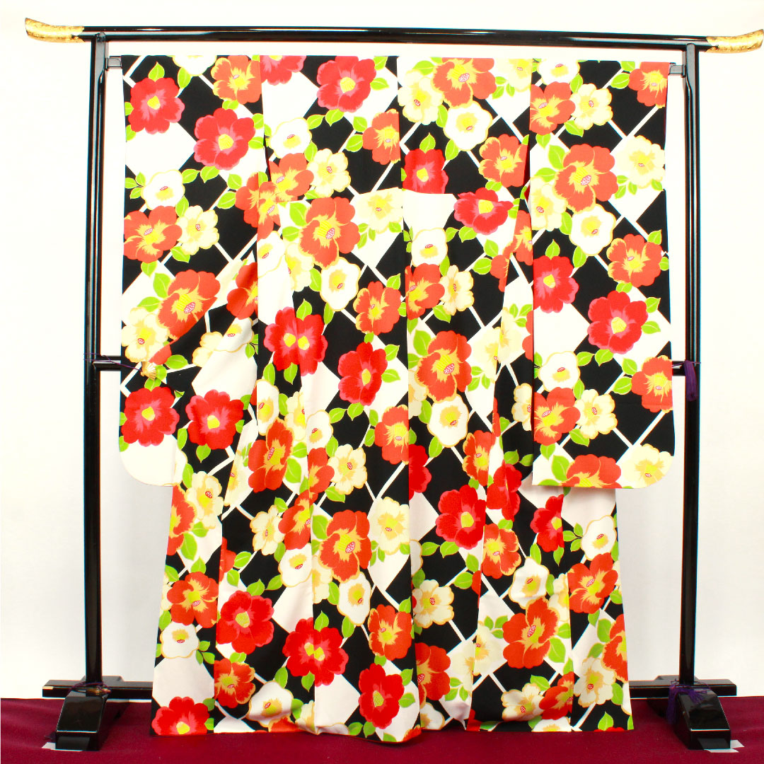 Long-sleeved kimono, length 168cm, sleeve length 68cm, lined, monotone, washable kimono, camellia, poly, S rank, black, 1113001392510