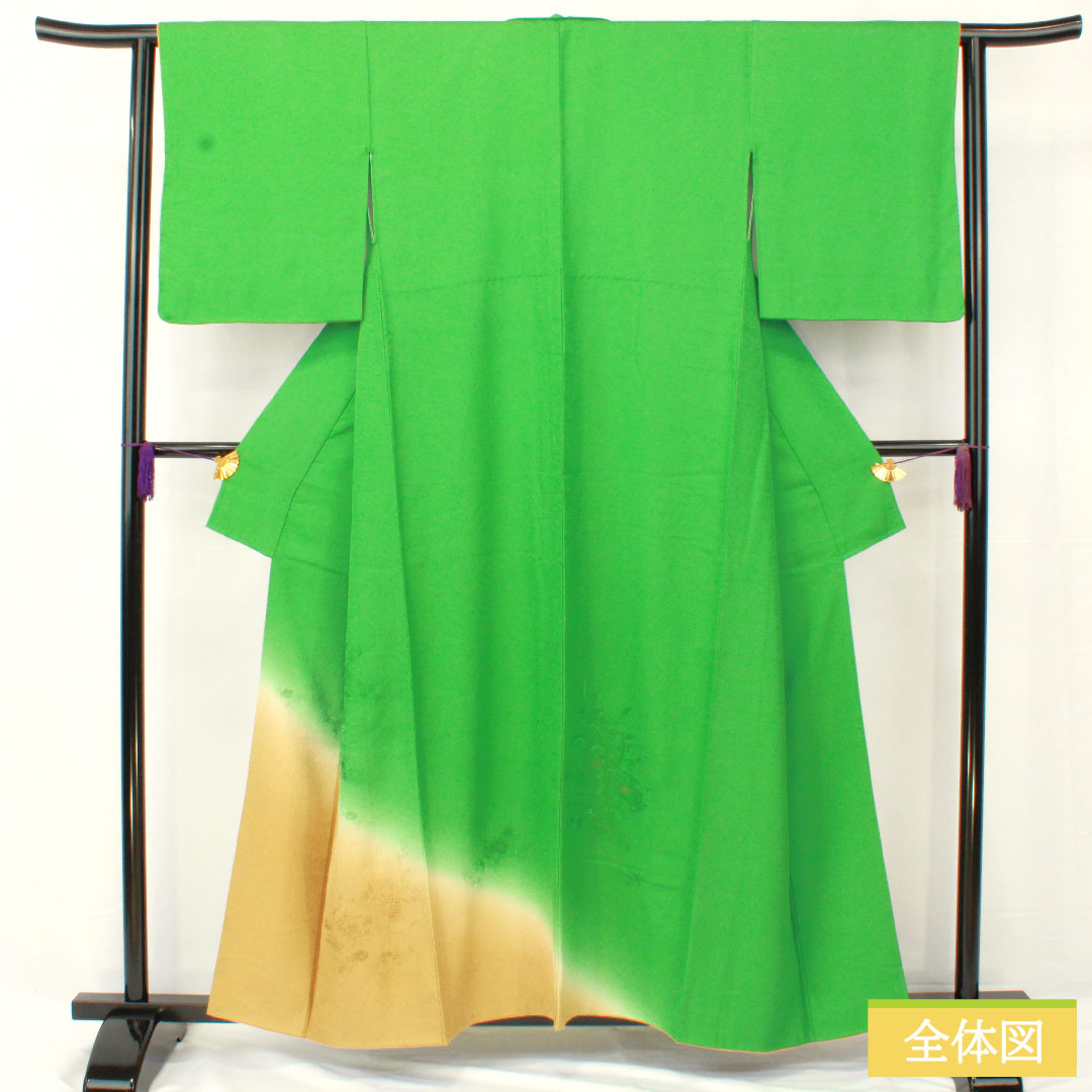 Homongi, pure silk, lined, length 157.5cm, sleeve length 62.5cm, grass green, Shantou embroidery, floral pattern, Scotchgard, S rank, green, 1112004992319
