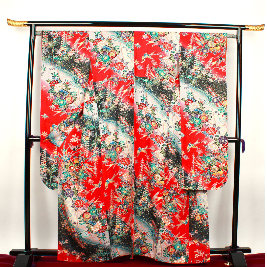 振袖 身丈163cm 裄丈64cm 袷  茜色 型染 吉祥文様  正絹 Sランク 赤系 1113000862412