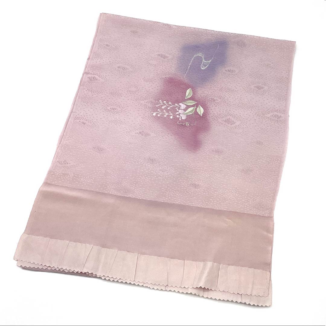 Obiage silk A-rank semi-formal white plum color (shiraumeiro) embroidered flowers and plants length approx. 165cm width approx. 29cm pink系 1136004233913