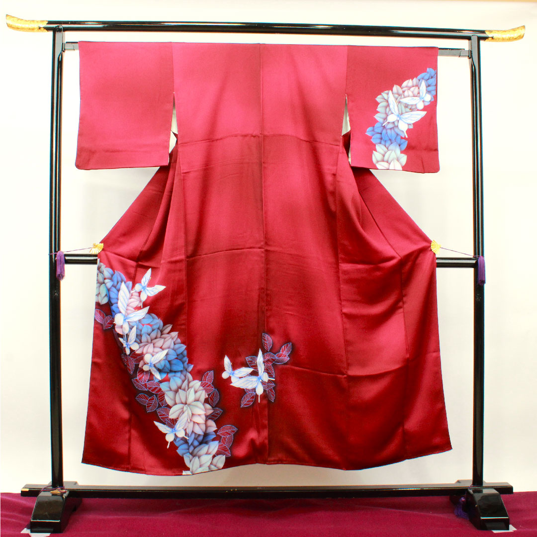Homongi, pure silk, lined, length 151cm, sleeve length 63cm, dark red, butterfly, S rank, purple, 1112002992220