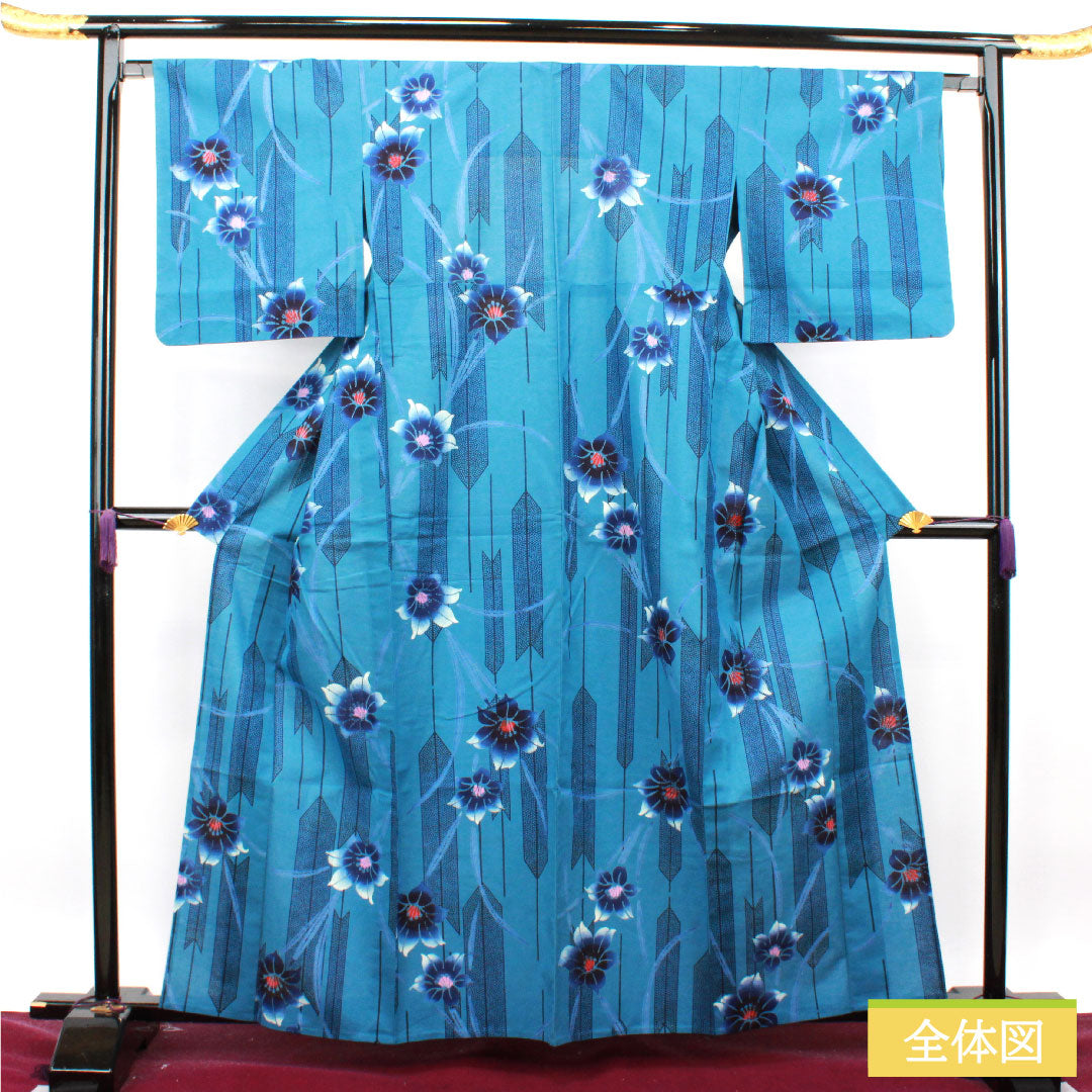 Yukata Cotton Length 162.5cm Sleeve length 65.5cm S rank Single layer Blue Mashana color Arrow feather Abstract flower 1118004822417