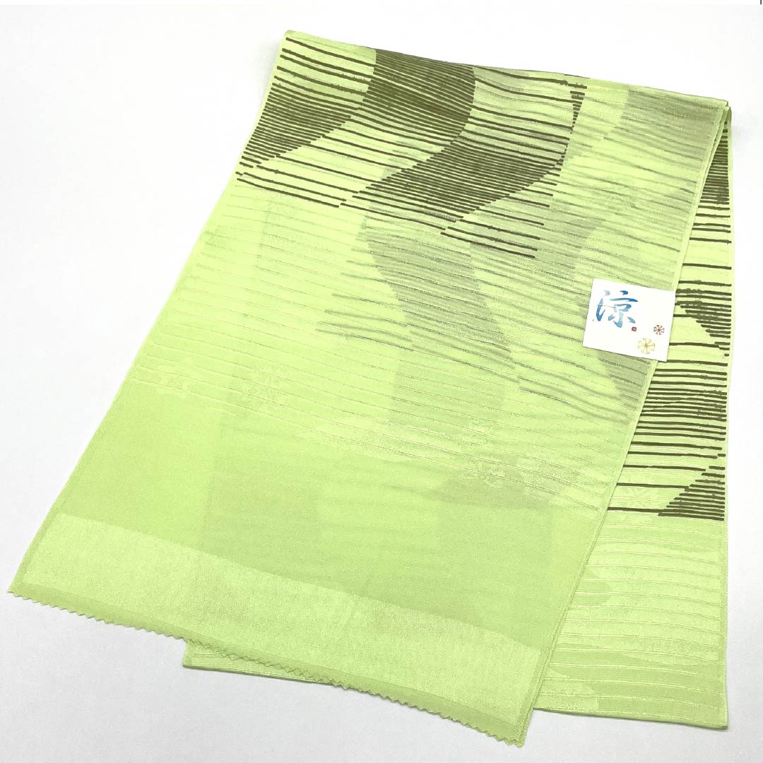 （新品）帯揚げ 正絹 セミフォーマル 若菜色（わかないろ） 夏物 曲線 幾何学模様 長さ約168cm 幅約28.5cm NEWランク 緑系 1136000841919