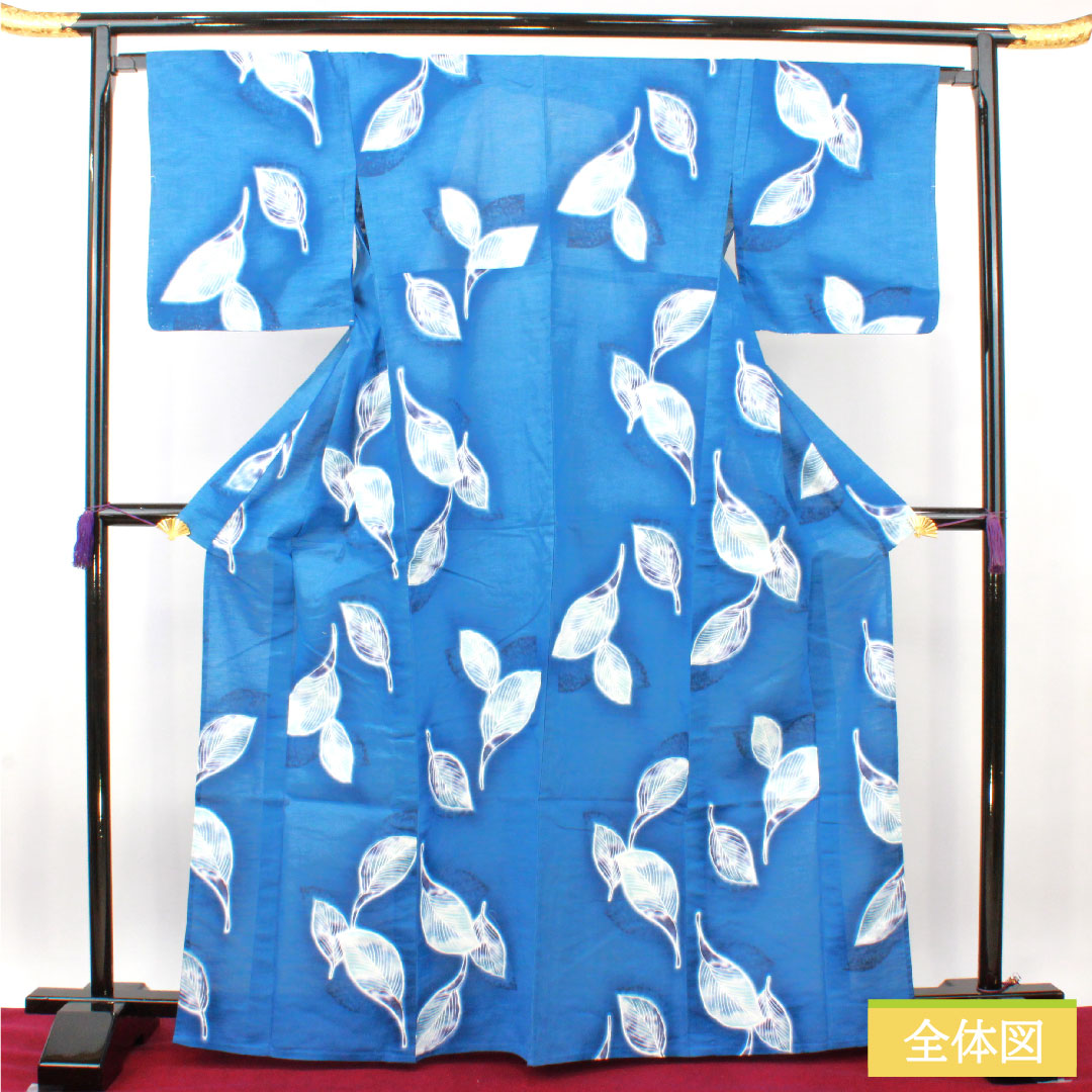 Yukata Cotton Length 167cm Sleeve length 66cm S rank Single layer Blue Indigo Leaf pattern 1118005202517