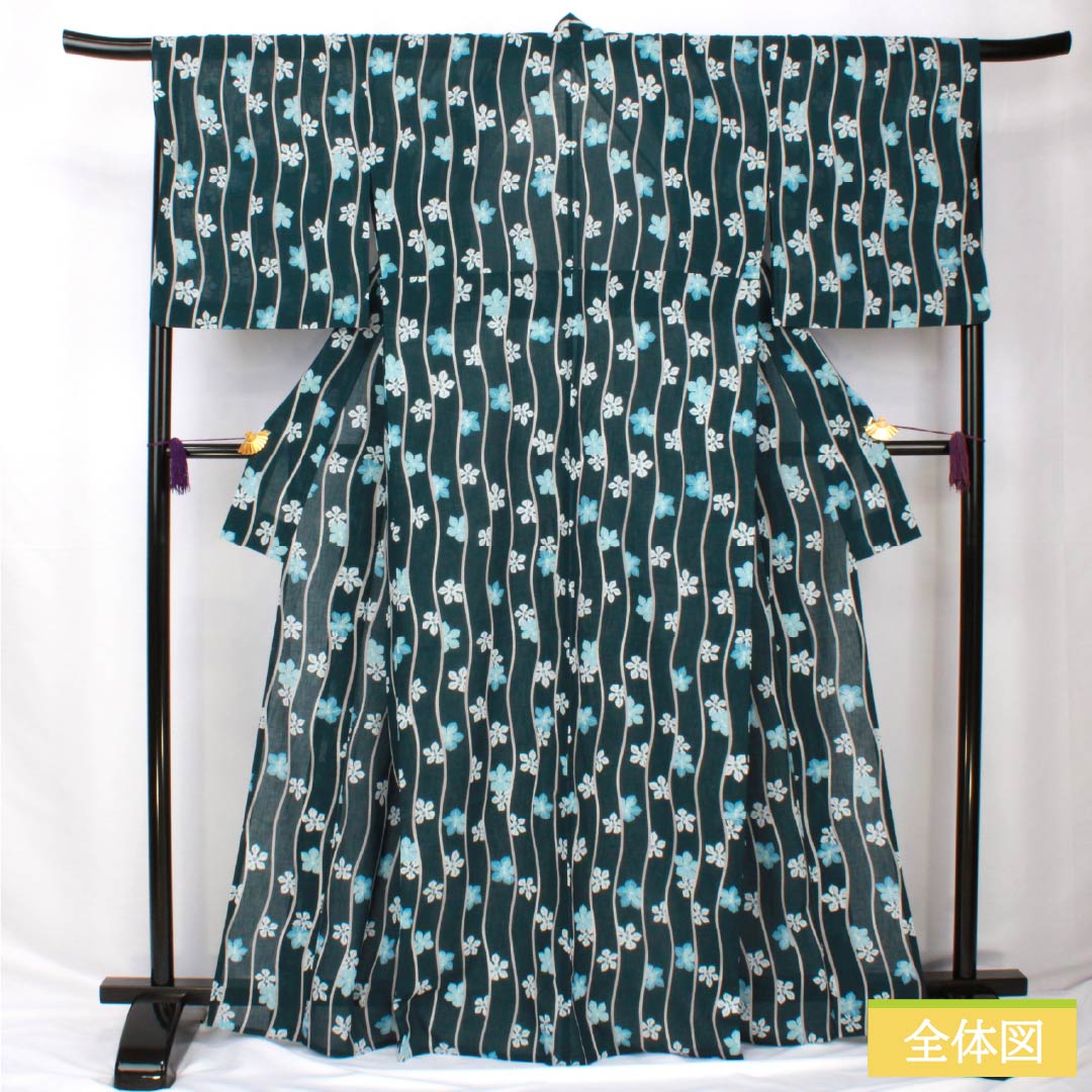 Summer kimono, polyester, small pattern, length 167cm, sleeve length 69cm, Korean nandō color, staggered stripes, flower, washable kimono, gauze, S rank, blue 1132002352517