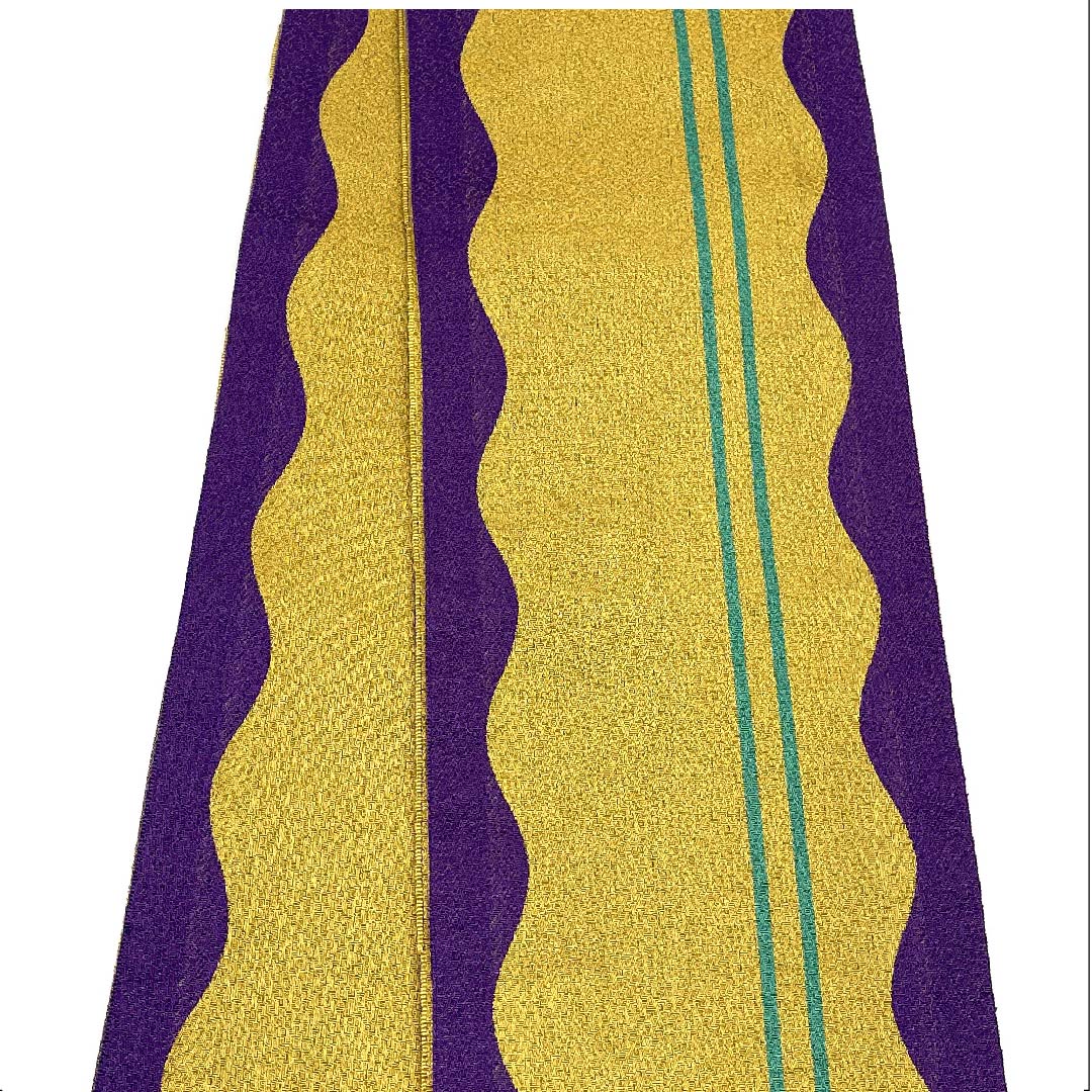 [Unfinished] Half-width obi, polyester, A rank, Haze-iro (brownish yellow), geometric pattern, waves, Obi length 340cm, Yellow系 1125000883323