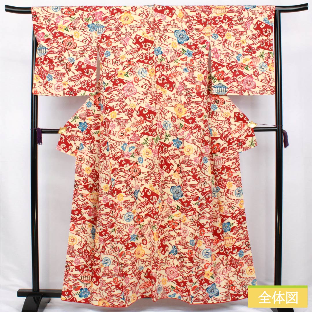 Komon silk S-rank kimono, length 159.5cm, sleeve length 66cm, lined, Tokyo white-brown (Tokyo shirachairo) pattern, Kyoto Bingata, Kyoto landscape design, cream-toned, product number 1115006852315