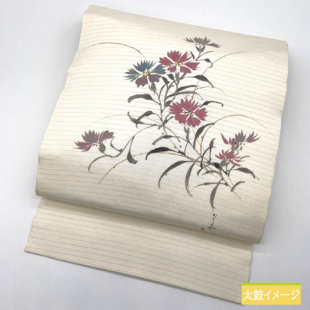 Nagoya Obi, Off-White (Kinari-iro), Summer Obi, Dyed Obi with Floral Pattern, 365cm Long, Pure Silk, Grade B, Pointed Pattern, Casual, Cream-Colored, Item Number: 1124008804315, Nagoya Style