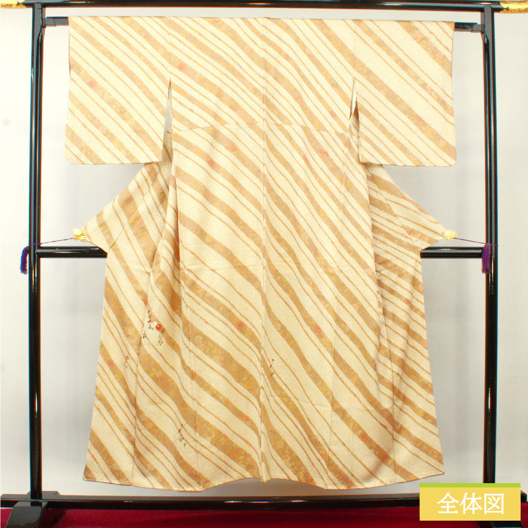 Homongi, pure silk, lined, length 150cm, sleeve length 62.5cm, walnut color, tie-dye, Kyoto yuzen, embroidery, floral pattern, S rank, beige, 1112004452125