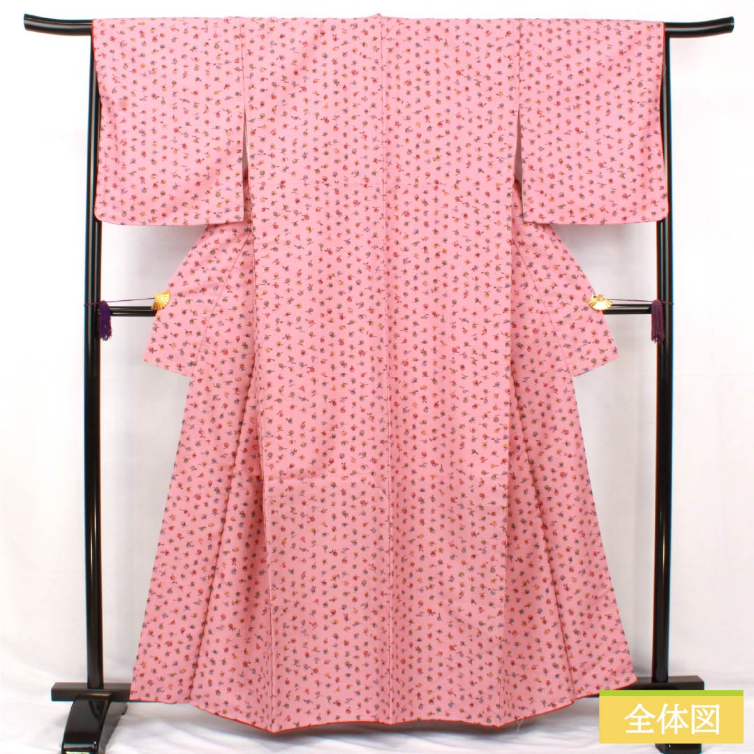 Small pattern, polyester, length 160cm, sleeve length 67cm, lined, one-kin dyeing, stencil dyeing, washable kimono, fruit, with basting thread, S rank, pink, 1115005022413