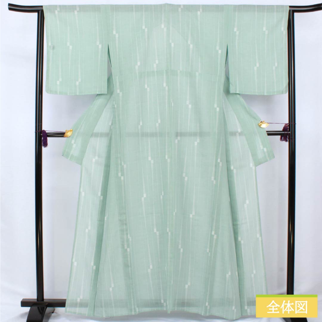 Summer kimono, polyester, small pattern, length 163cm, sleeve length 65cm, light blue (usumizuiro) striped, washable, gauze, S rank, green, 1132002662419