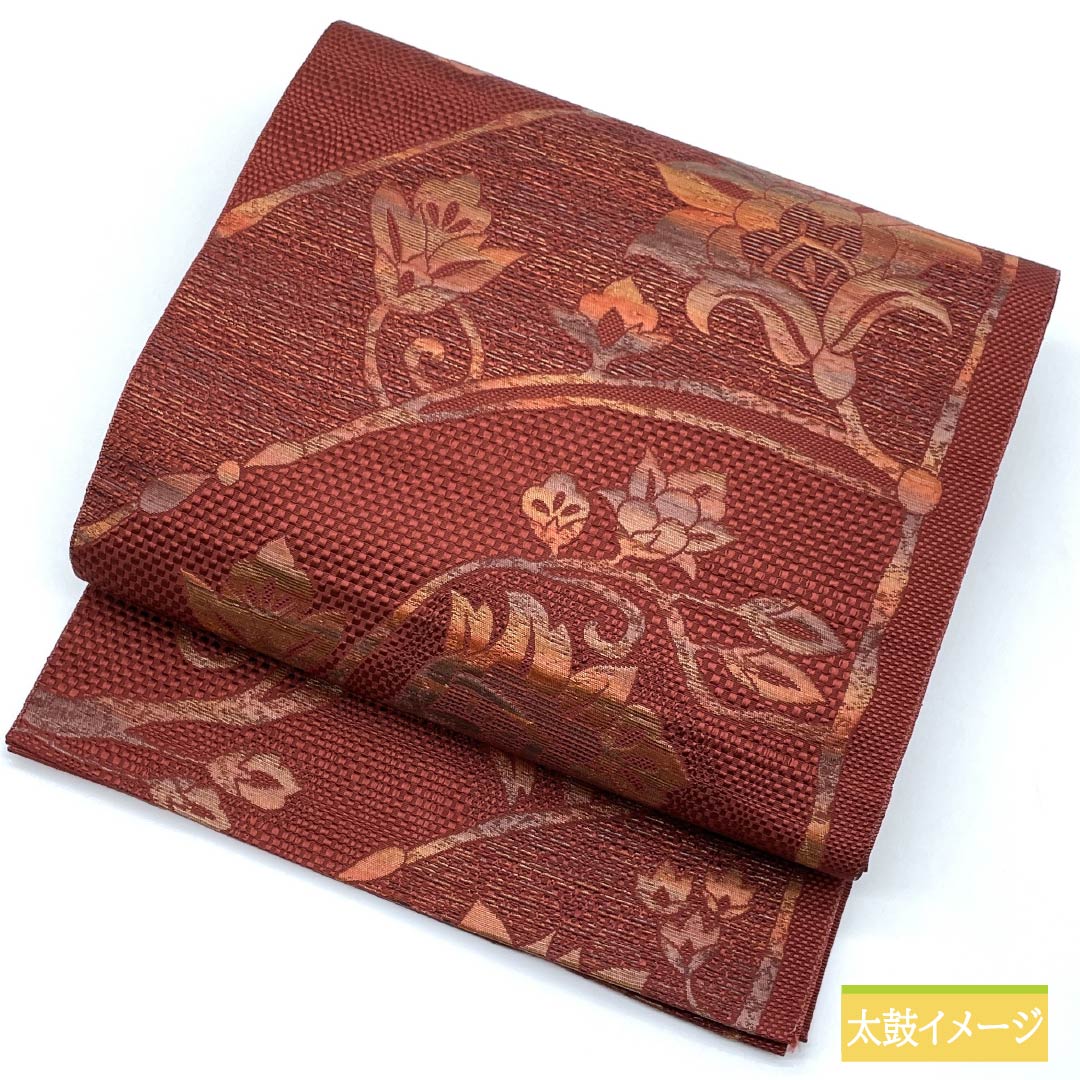名古屋帯 牛血紅色（ぎゅうけつこういろ） 抽象花模様 帯丈358cm 正絹 Sランク 六通 カジュアル 朱系 1124008072316 松葉仕立て