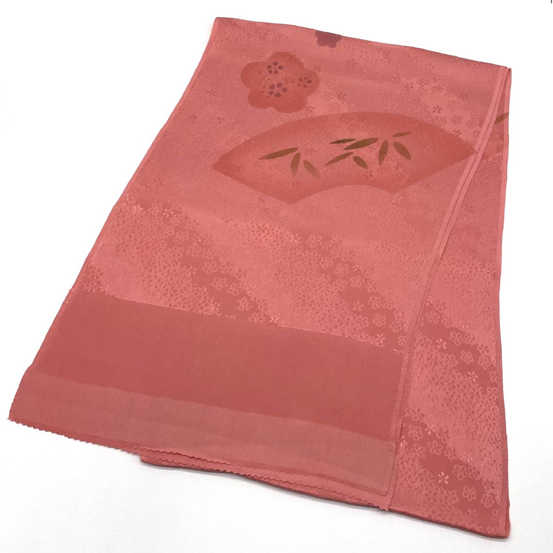 （新古品） 帯揚げ 正絹 フォーマル 桃紅色色（とうこうしょくいろ） 梅 笹 扇面 長さ約179cm 幅約30cm Sランク ピンク系 1136000222913